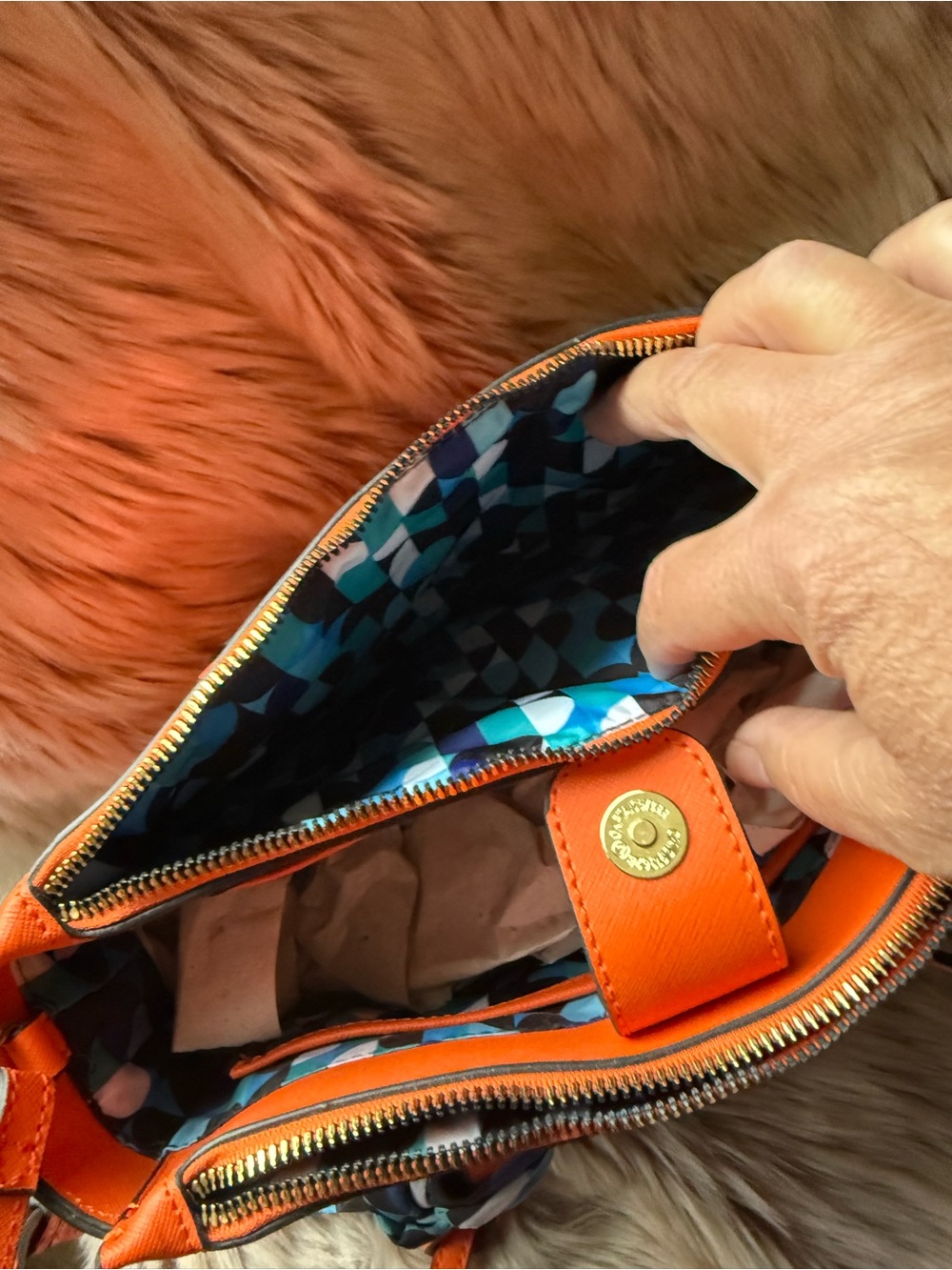Trina Turk Orange Handbag with Blue Scarf and Interior and Gold Accents - Picture 5 of 11
